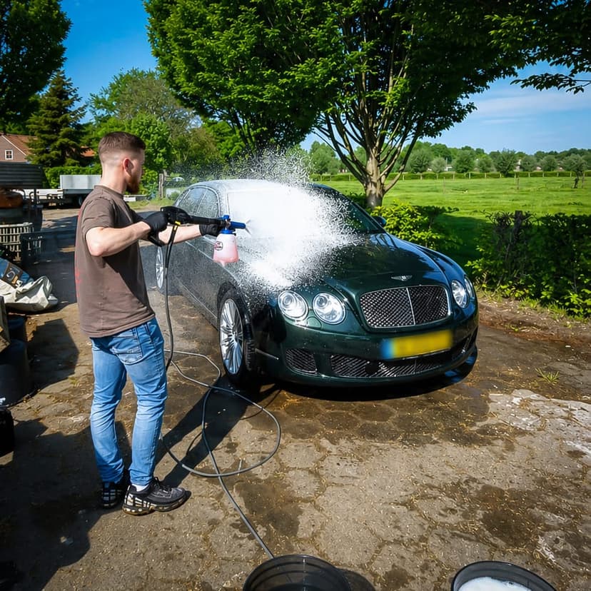 Professioneel foamen en voorwassen van een luxe auto